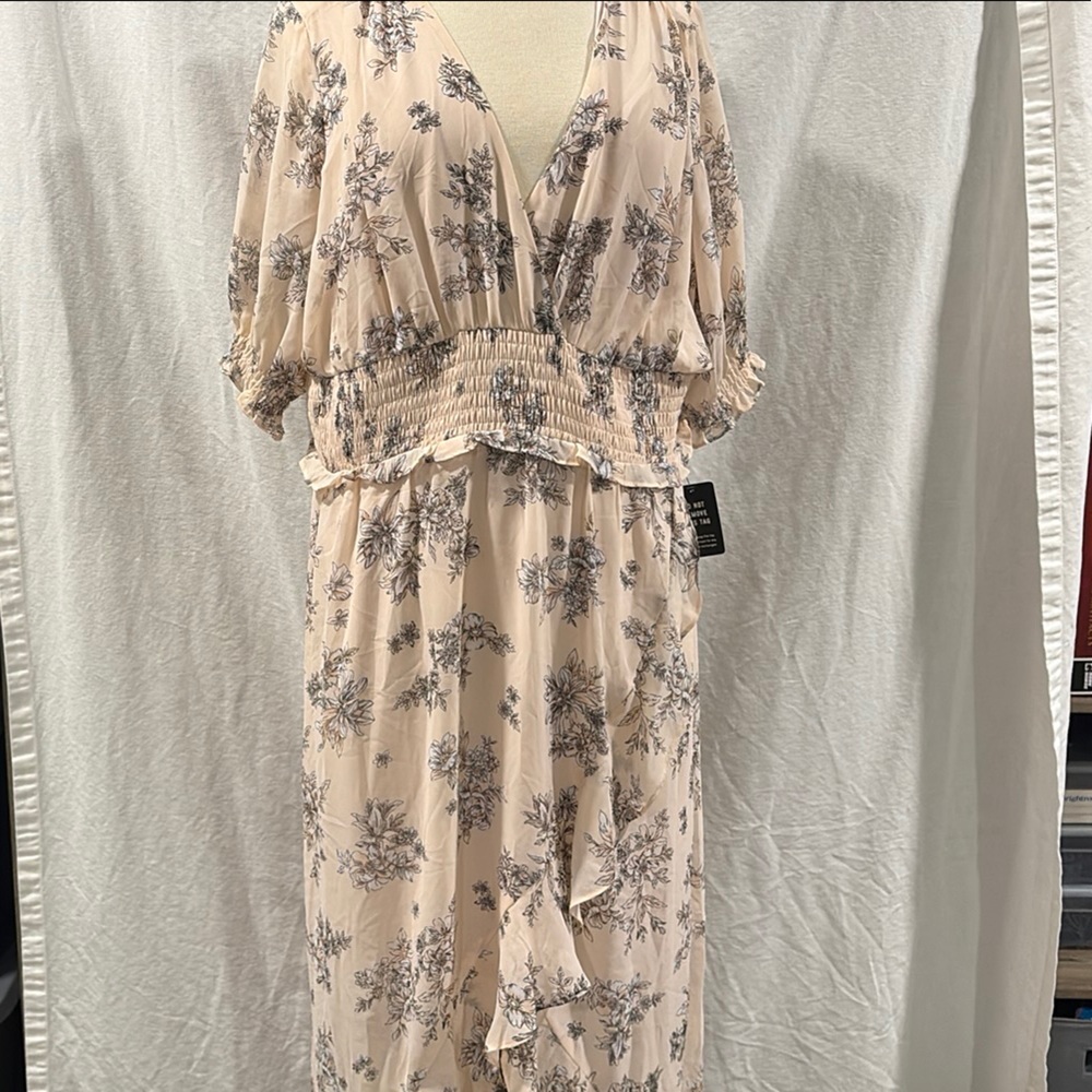 Express Cream and Black Floral Asymmetrical Dress